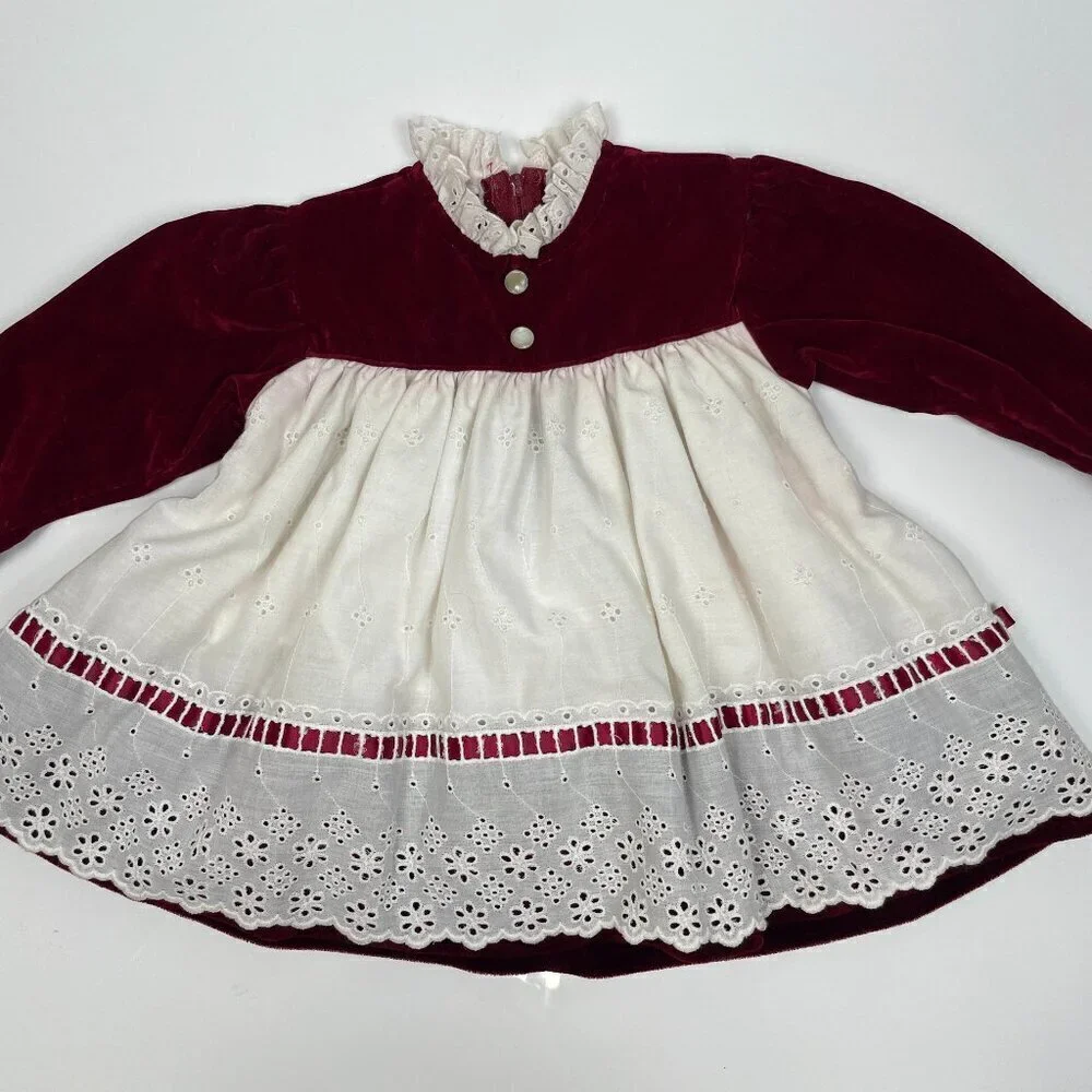 Vintage R-Gee Baby Maroon Velvet and White Eyelet Lace Christmas Dress Size 12M
